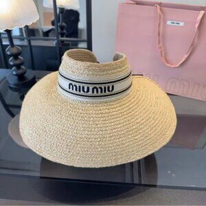 Women’s Miu Miu Natural Straw Visor Hat with Black and Cream Logo Band